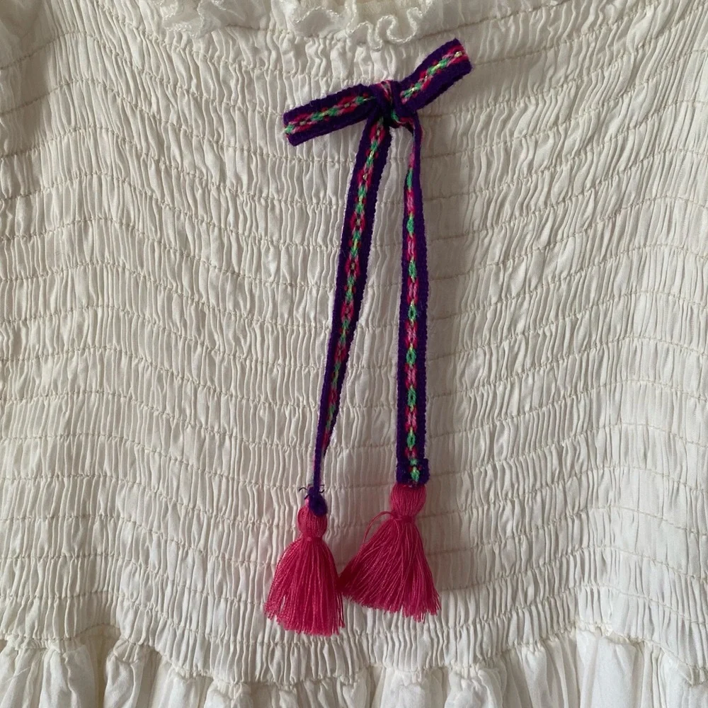 Pitusa Peruvian Cotton Taylor Maxi Dress Size S White Pink Tassels Milk-Maid